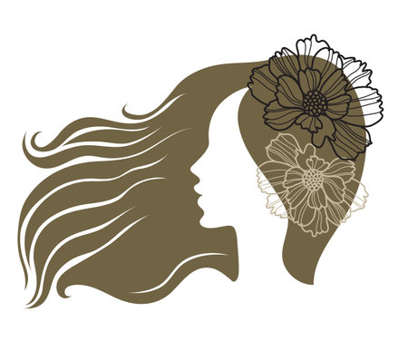Modern line art vector illustration of beautiful woman with long hair and orchid tattoo. Fashion and beautyのイラスト素材