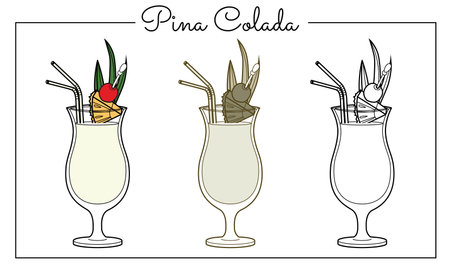 Alcohol drinks line art illustration. Vector illustration Pina Coladaのイラスト素材