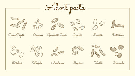 Set of Italian pasta. Vector outline art illustrationのイラスト素材