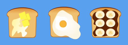 Toast icons on a blue background. Delicious toasts with butter, with egg, banana and chocolate. Vector.のイラスト素材