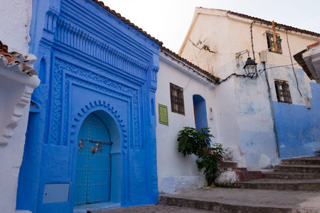 front door in blue town chefchaouen, moroccoの写真素材