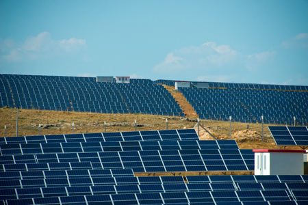 solar panels on photovoltaic solar power plant, sanliurfa province, turkeyの写真素材