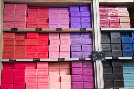 Bars of scented soap at market stall in provence province, franceの写真素材