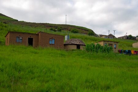 rural homestead in drakensberg mountains, kwazulu natal, south africaの写真素材
