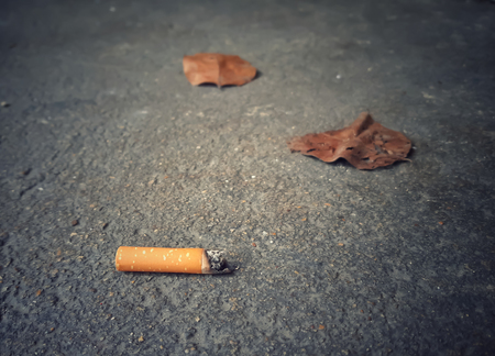 Cigarette stub isolated on the cement  floor background with copy space, The smoker is like a leaf that gradually dries.の写真素材