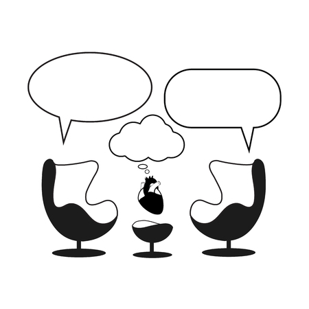 Psychotherapist session. Cabinet with  two egg design empty armchairs, heart and speech balloons.のイラスト素材