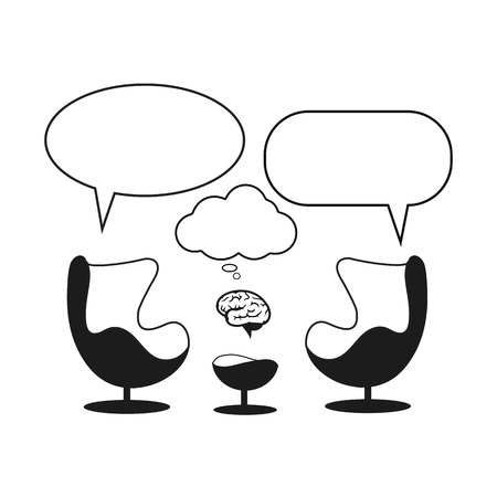 Psychotherapist session. Cabinet with  two egg design armchairs and speech balloons.のイラスト素材