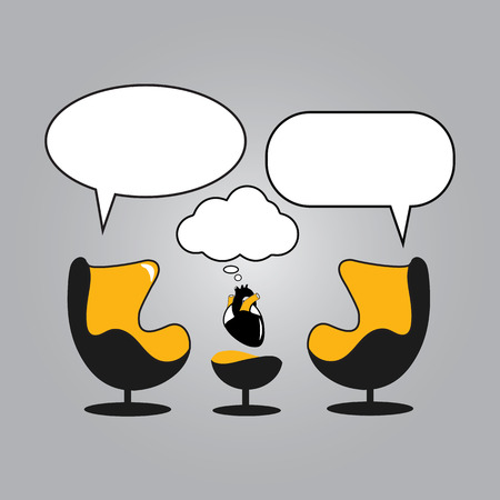Psychotherapist session. Cabinet with  two egg design empty armchairs, heart and speech balloons.のイラスト素材