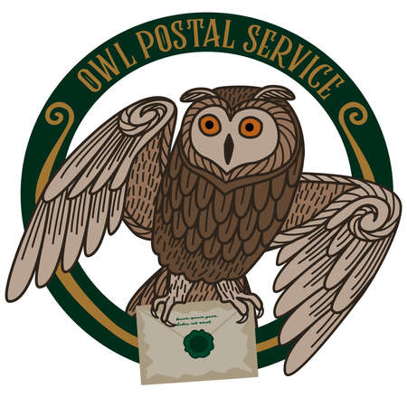 Card with an owl carrying a letter on a round frame on a white background. The owl postal service.のイラスト素材