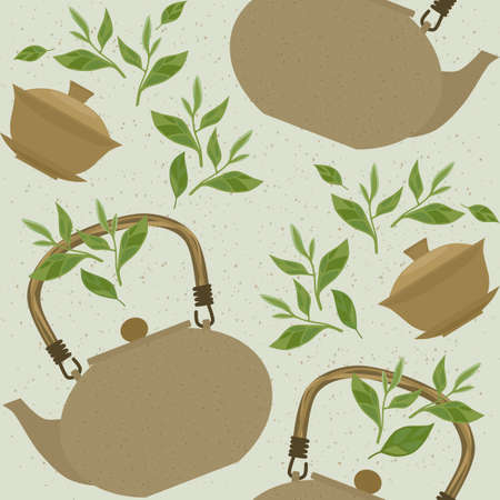 Seamless pattern with items for traditional Chinese tea drinking. The kettle, gaiwan and the green tea leaves.のイラスト素材