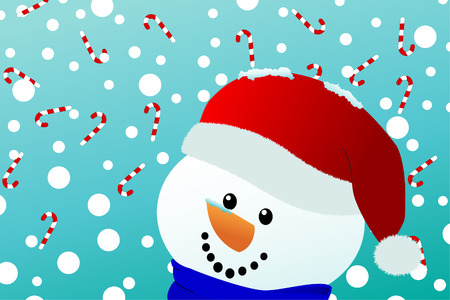 a happy snowman with santa hat looks upon falling snow and candy canesのイラスト素材