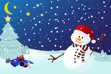 snowman on a snowy winters night, with presents underneath a christmas tree with starのイラスト素材