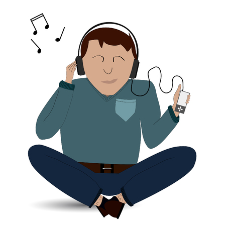 man listening to his music player on an isolated white backgroundのイラスト素材