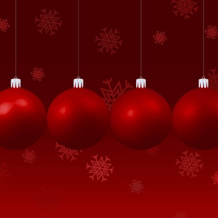Four red christmas balls hanging side by side on a red background with snow flakesのイラスト素材