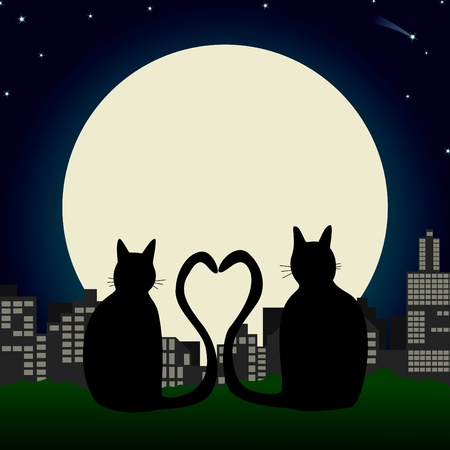Two cats with heart-tails overlooking a city skyline and the moonのイラスト素材