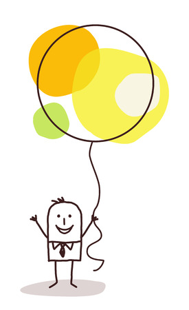cartoon man holding up a big celebration balloonの写真素材