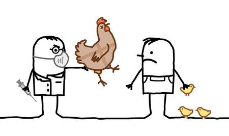 cartoon doctor & man with sick chicken and Avian Fluの写真素材