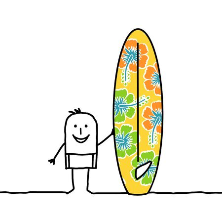 cartoon man with patterned surfboardの写真素材