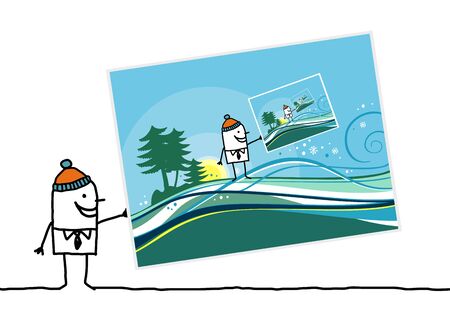 cartoon man with winter vacations postcardの写真素材
