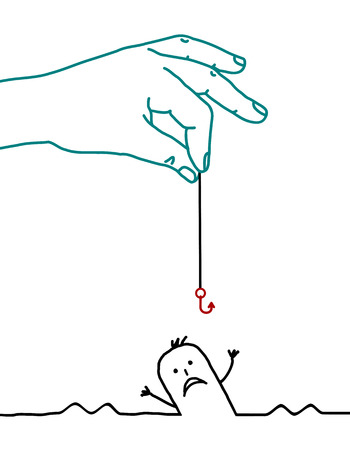 big hand and cartoon man - helpの写真素材