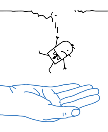 big hand with cartoon character - fallingの写真素材
