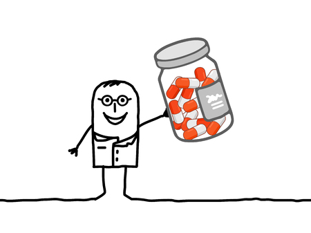 Cartoon characters - doctor with bottle of medicine capsulesの写真素材