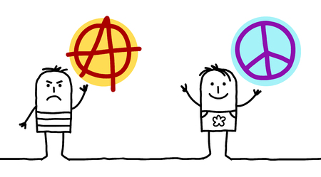 Cartoon Men with Anarchy and Peace Love Signsのイラスト素材
