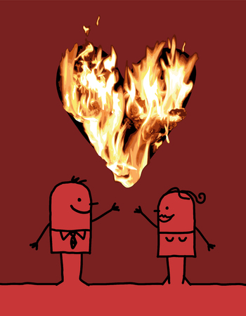 Cartoon Couple with a big Burning Heartのイラスト素材