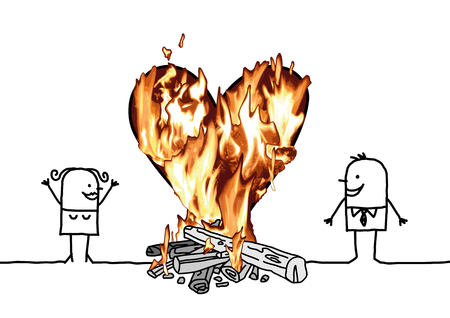 Cartoon Couple with a big Burning Heartのイラスト素材