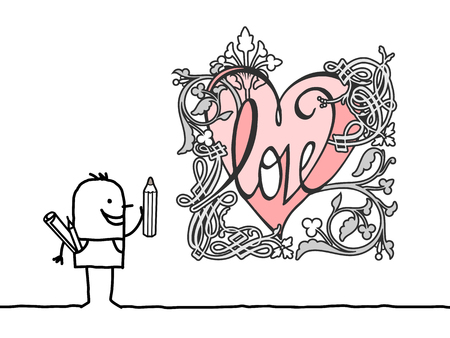 Cartoon designer drawing a retro style heart illustration.のイラスト素材
