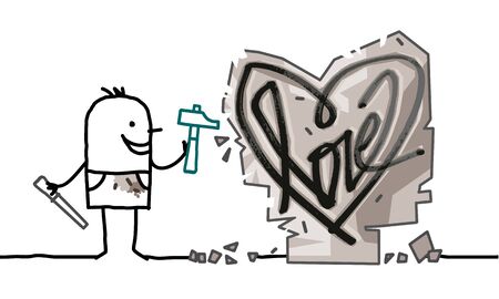 Cartoon Man Sculpting a Stone Heartのイラスト素材