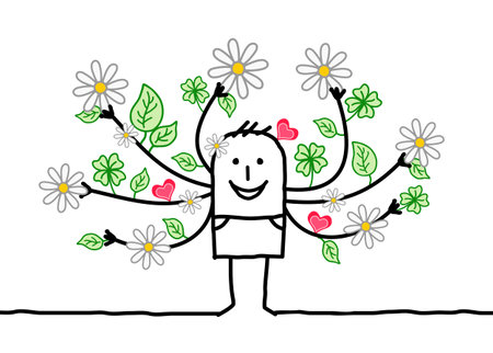 Cartoon Spring Man with Flowering Armsのイラスト素材