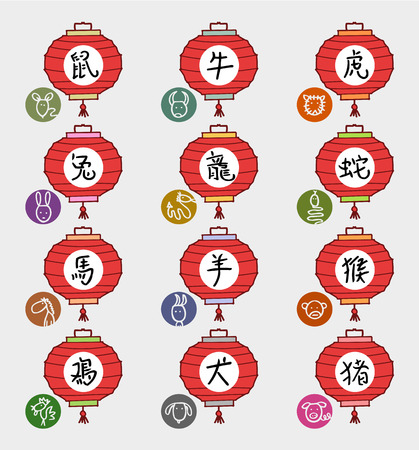 Twelve Zodiac Chinese Lanterns and Signsのイラスト素材