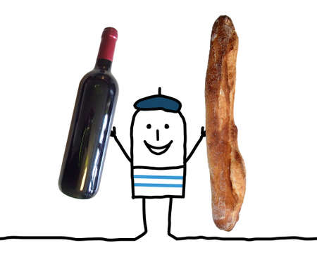 hand drawn Cartoon man holding big french bread and wine bottle photosの写真素材