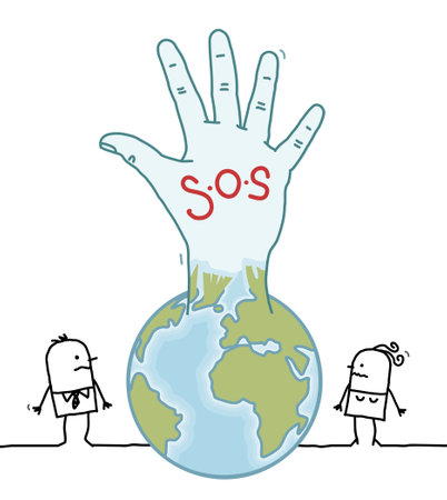 Hand drawn Cartoon people and planet Earth Rising Up a Hand with SOS signのイラスト素材