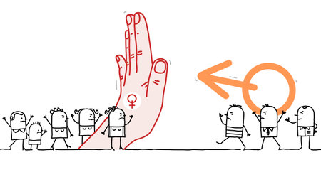 Hand drawn Cartoon Protesting Feminist Women, Stopping Aggressive Menのイラスト素材