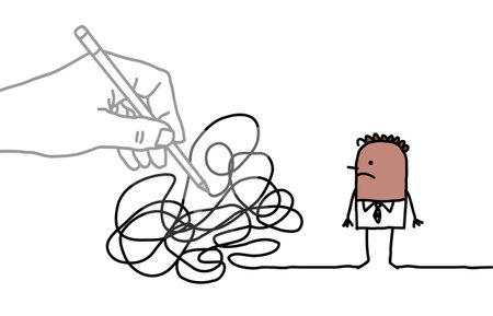 Hand drawn Big Drawing Hand with Cartoon Black Man - Tangled Pathのイラスト素材