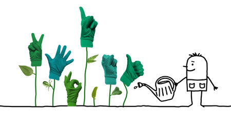Hand drawn -Cartoon Gardener with Growing Green Hand Signs - Collageの写真素材