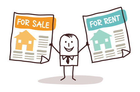 Hand drawn Cartoon Real Estate Agent with Houses for Sale or Rentのイラスト素材