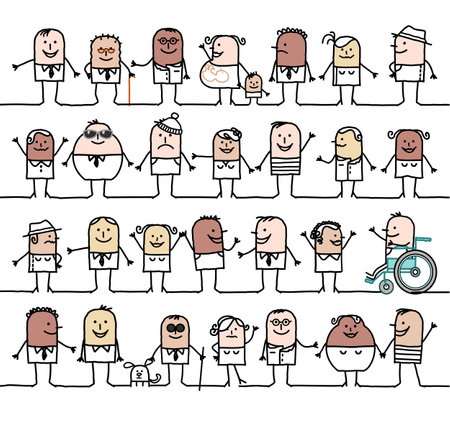 Hand drawn Cartoon group of mixed social and ethnically peopleのイラスト素材
