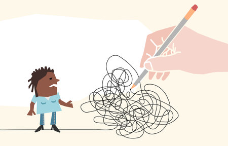 illustrated Big Hand with Pencil Drawing a Tangled Path for Black Womanのイラスト素材