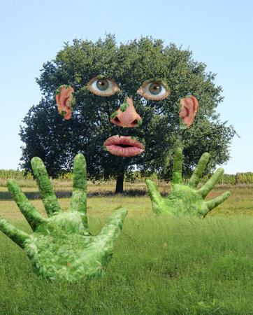 Funny Tree with human Hands and Face in a Green Field - Collageの写真素材