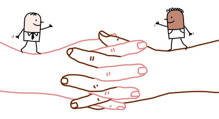 Hand drawn Cartoon Black and White Men walking on big Crossed Handsのイラスト素材