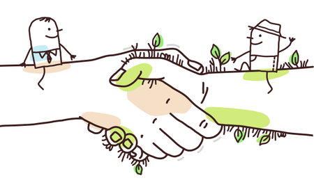 Hand drawn Cartoon Gardener and Businessman sitting on a big Handshakeのイラスト素材