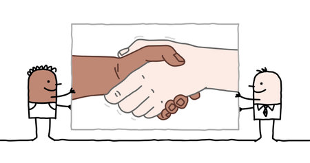 Hand drawn Cartoon Black an White men holding up a big Handshakeのイラスト素材