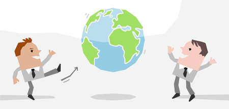 Cartoon Businessmen giving a kick in the Earth and playing with it- paper-cut styleのイラスト素材