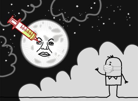 Hand drawn Cartoon Man with Protection Mask, watching a famous Moon imitation, with big Syringe and Vaccine in the Eyeのイラスト素材