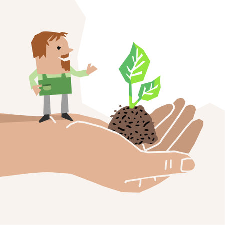 Cartoon Gardener standing on a big Human Hand, with Soil and Growing Plant - paper-cut styleのイラスト素材