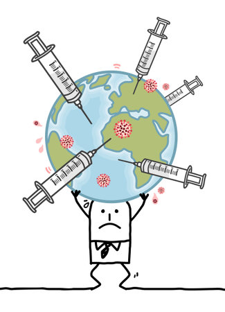 Hand drawn Cartoon man carrying the sick Earth with Syringes and Vaccine anti-Virusのイラスト素材