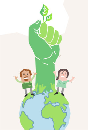 Cartoon Ecologist people and planet Earth, Rising Up a Green Fist- paper-cut styleのイラスト素材